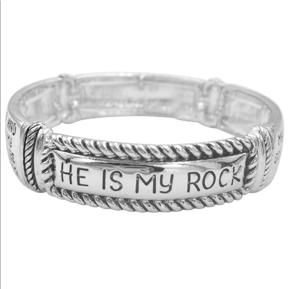 Psalm 62:1-2 HE IS MY ROCK Scripture Silver Stretch Bracelet